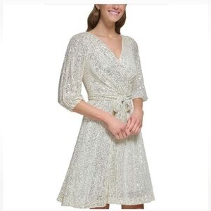 DKNY Women's Long Sleeve Sequin Surplice Faux Wrap. Size 14 NWT